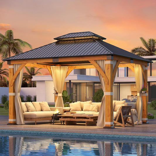 11’X 13’ Outdoor Spruce Wood Gazebo, Patio Hardtop Gazebo