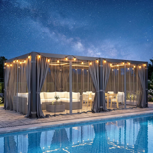12' X 20' Pergola with Curtain & Adjustable Roof & Aluminum Frame for Patio