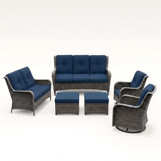 Patio Furniture Set 6-Piece Outdoor Patio Conversation Set with Blue Cushions Lawn Furniture — Studio Shot