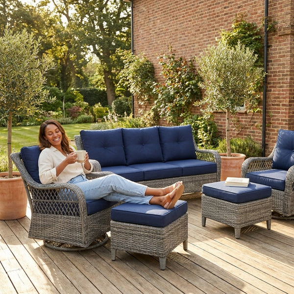Patio Conversation Set Built for Comfort, 6 Piece, Blue Cushions, Steel Frame, Swivel Rockers