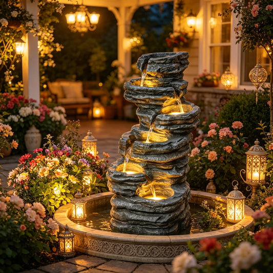 Resin 6 Tier Rock Cascade Outdoor Fountain 40 Inch LED