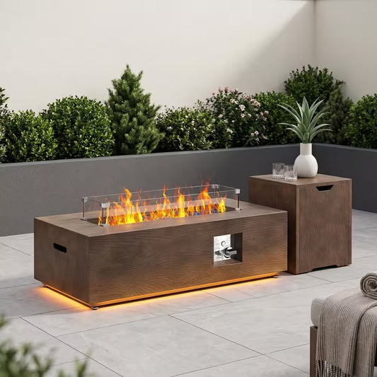 42 In. Propane Fire Pit Table for outside Patio, Outdoor Fireplaces with Warm LED Lights in Wood Grain Walnut