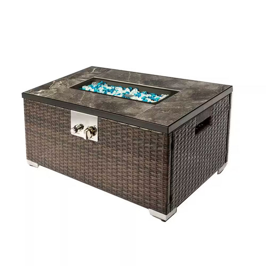 Rectangle Steel and Wicker Propane Outdoor Fire Pits in Brown 32 In. W X 20 In. D X 15 In. H
