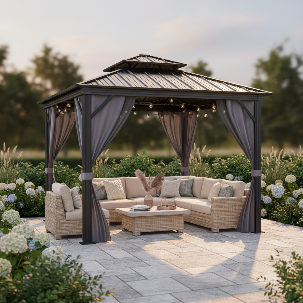 10 X 12 Ft Hardtop Gazebo, Galvanized Steel Double Roof with Curtains and Netting, Aluminum Frame Patio Gazebo for Patio, Garden and Lawn