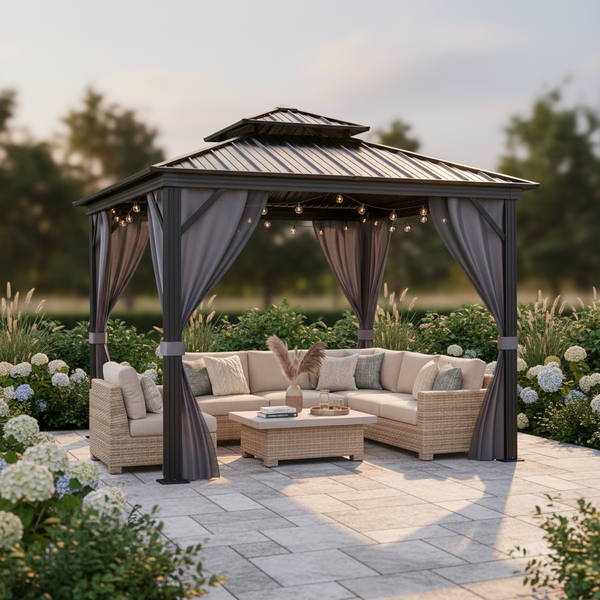 10 X 12 Ft Hardtop Gazebo, Galvanized Steel Double Roof with Curtains and Netting, Aluminum Frame Patio Gazebo for Patio, Garden and Lawn