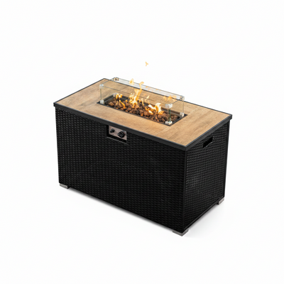 43 Inch Fire Pit for Outdoor - 50,000 BTU Outdoor Propane Fire Pit Table with Lid, Rain Cover & Lava Rocks - Patio Fire Pit Table with Tempered Glass for Backyard Gatherings - Black