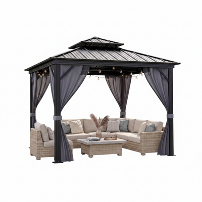 10 X 12 Ft Hardtop Gazebo, Galvanized Steel Double Roof with Curtains and Netting, Aluminum Frame Patio Gazebo for Patio, Garden and Lawn