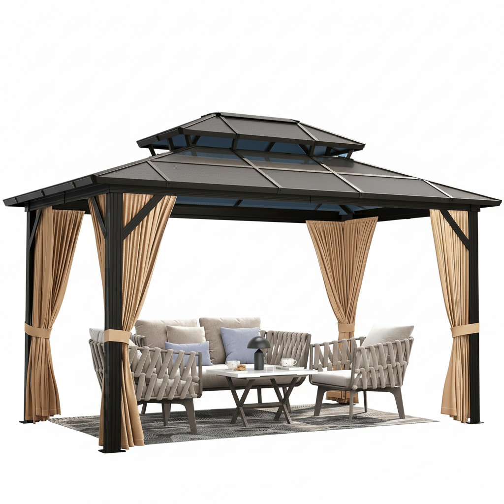 12'X10' Hardtop Gazebo, Aluminum Permanent Pavilion with Polycarbonate Double Roof, Removable Curtains & Mosquito Netting for Patio, Garden, Lawn, Upgrade Your Outdoors (Brown, 12'X10')